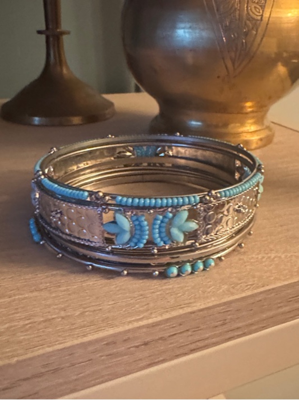 Silver-Tone Turquoise Beaded Bangle Set